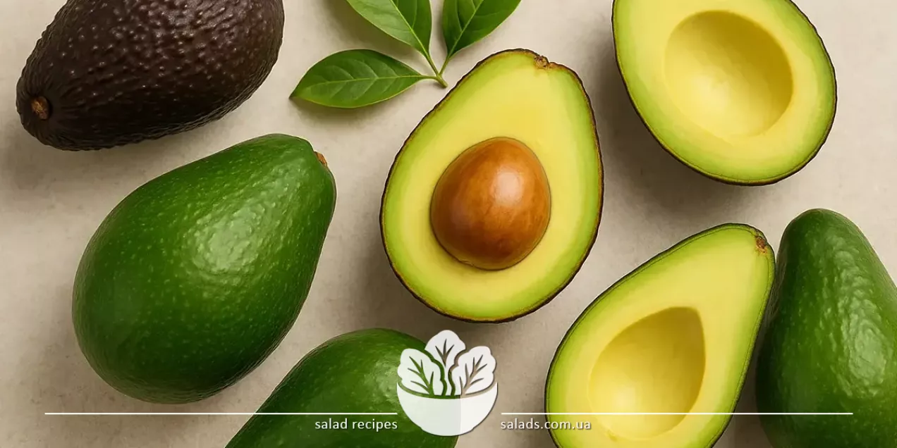 Verschiedene Avocadosorten: Hass, Fuerte, Bacon – aufgeschnitten und im Ganzen