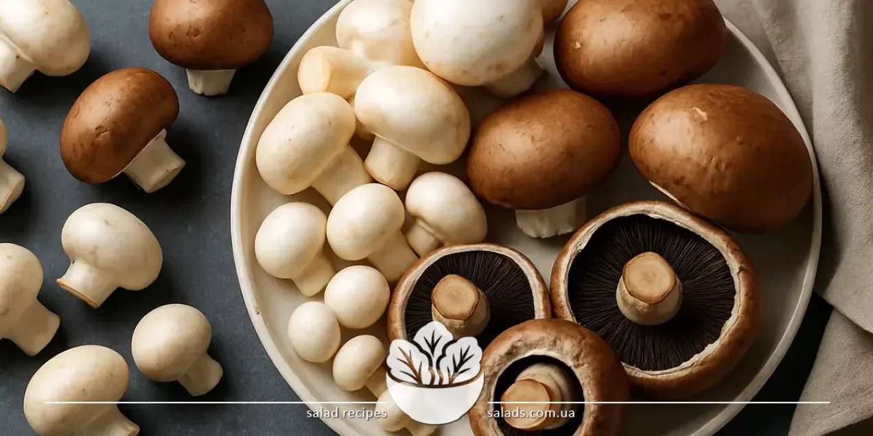 Diferite soiuri de ciuperci champignon crude: albe, brune, regale pe un fund de lemn