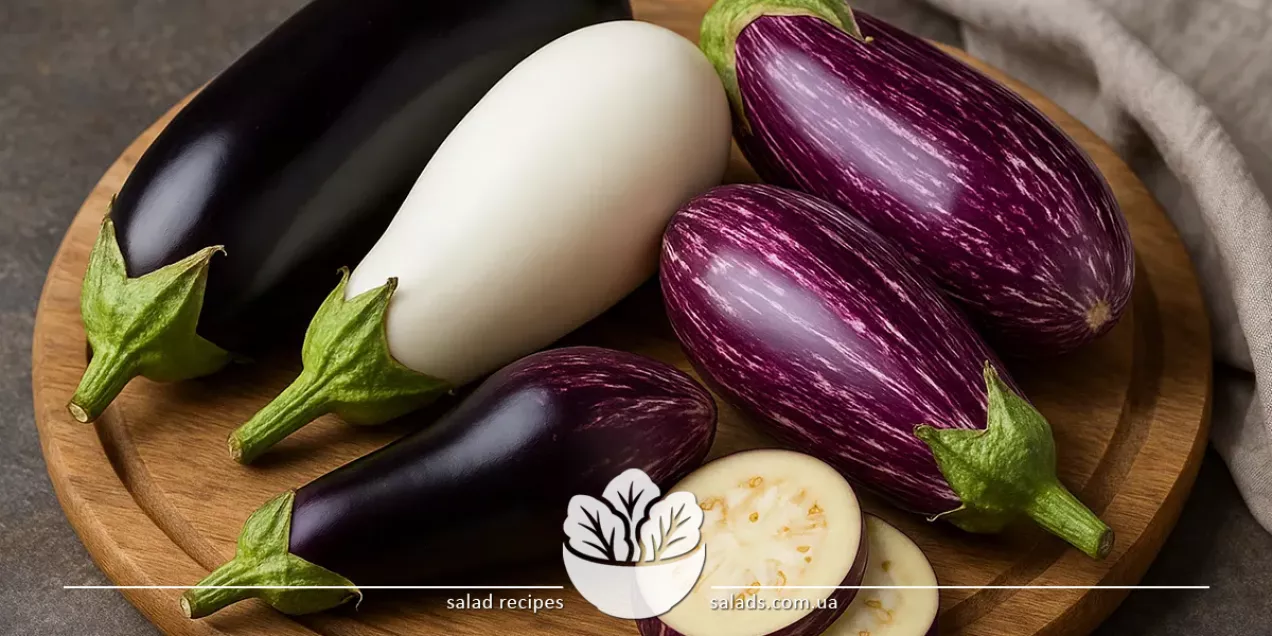 Diverse soiuri de vinete: mov, albe, lungi, rotunde, dungate pe o masă de lemn