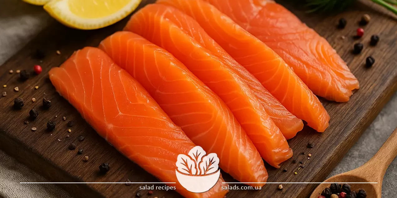 Slices of lightly salted salmon on a plate with lemon and herbs