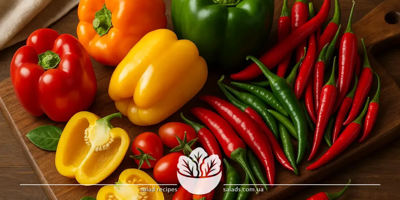 Diferite tipuri de ardei proaspăt pentru salate: dulce, chili, verde, roșu
