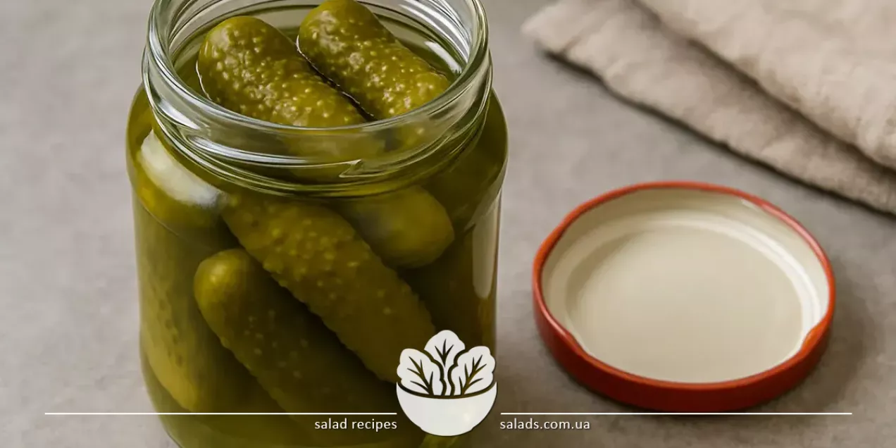 Маринованный огурец в банке на фоне зелени