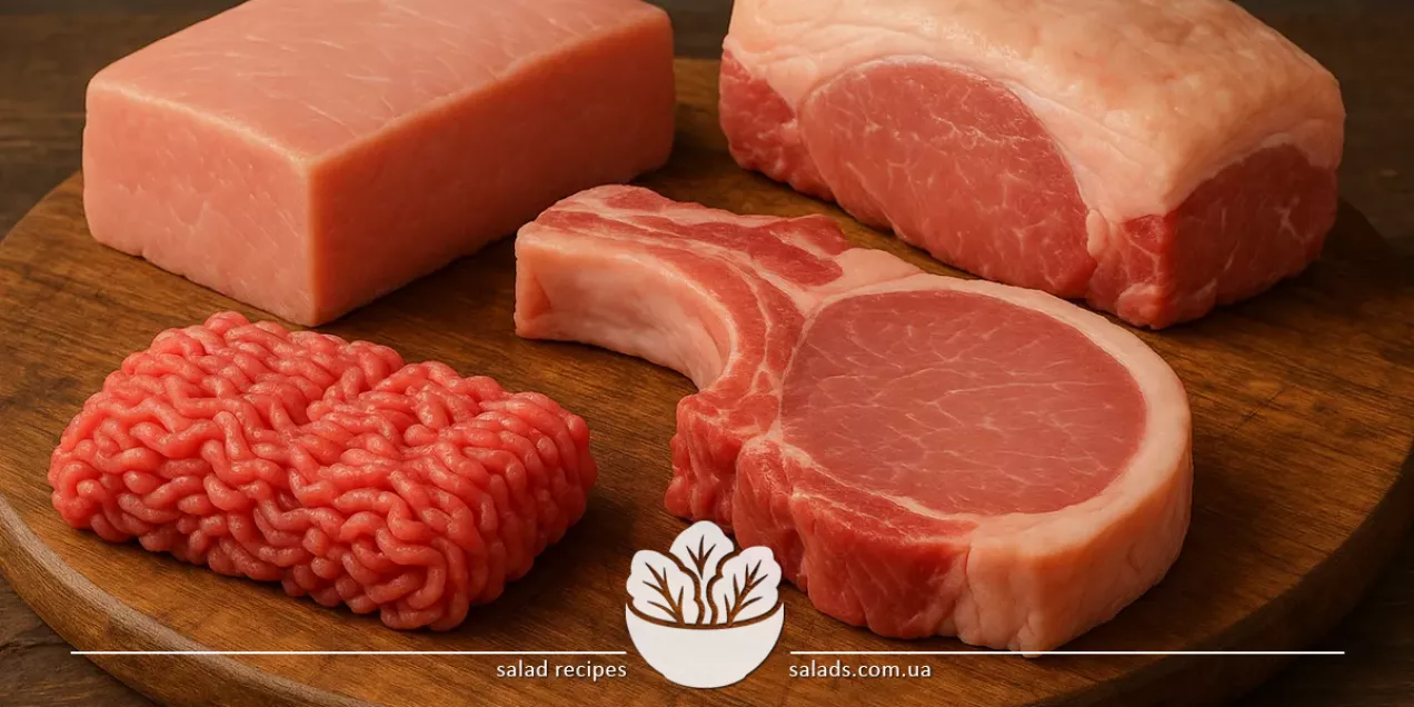Distintos tipos de carne de cerdo sobre una tabla de madera con hierbas