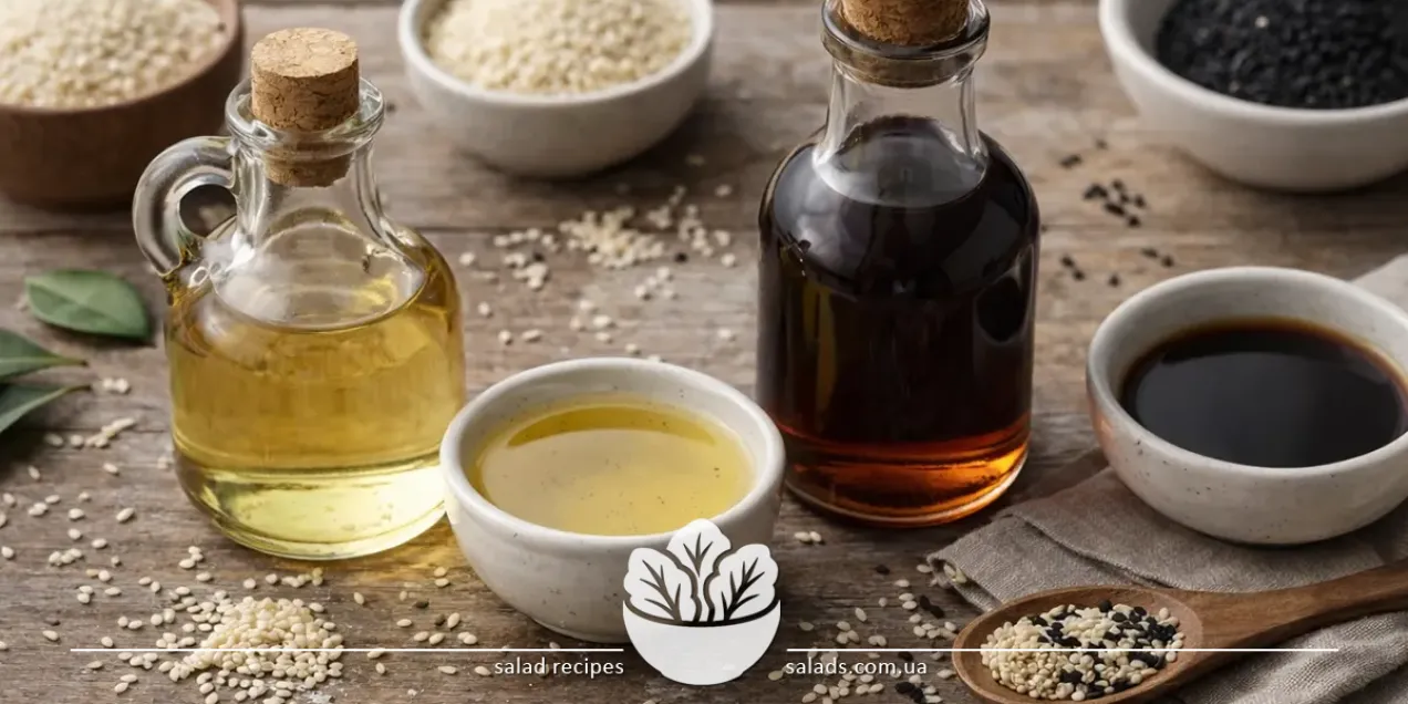 Sesame oil in a glass bottle and sesame seeds on a wooden table