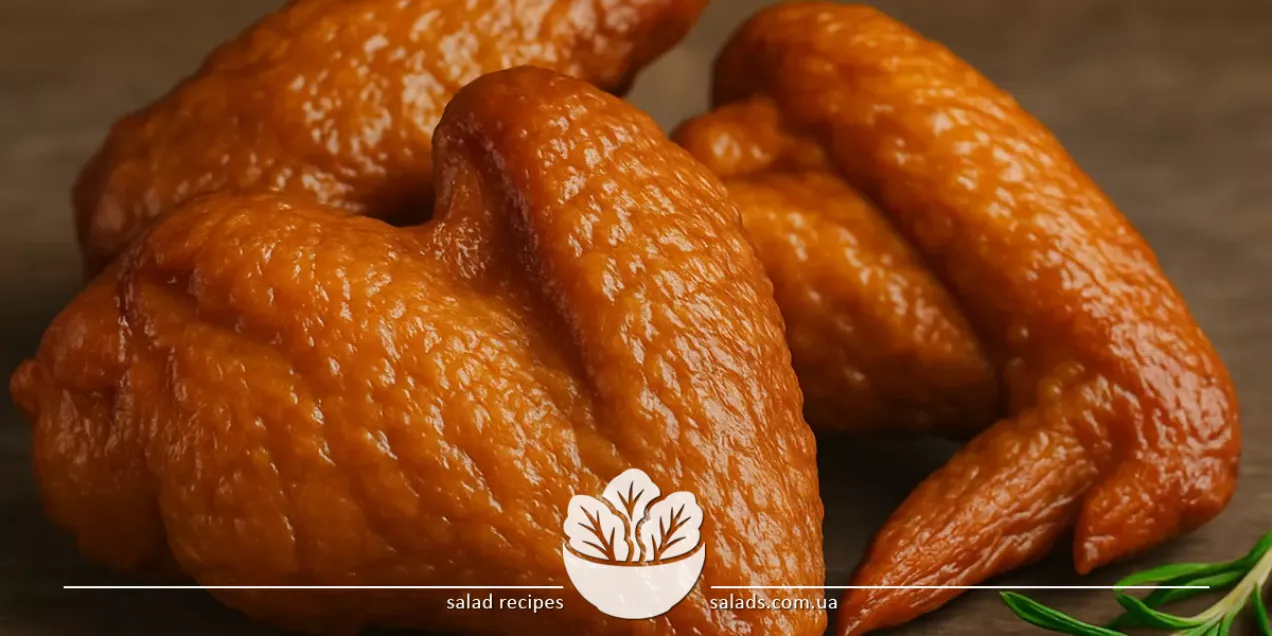 Готовые копченые куриные крылышки с румяной корочкой на тарелке