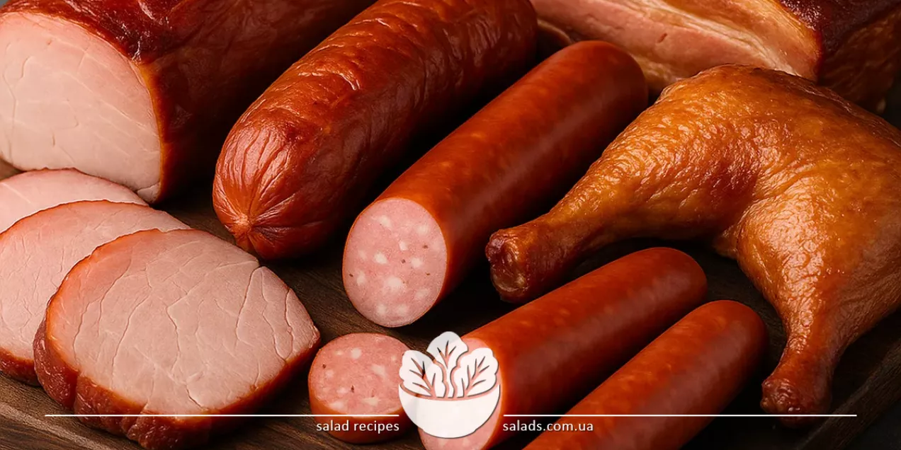 Surtido de carnes ahumadas: salchichas, beicon, cuello, costillas, lomo de cerdo