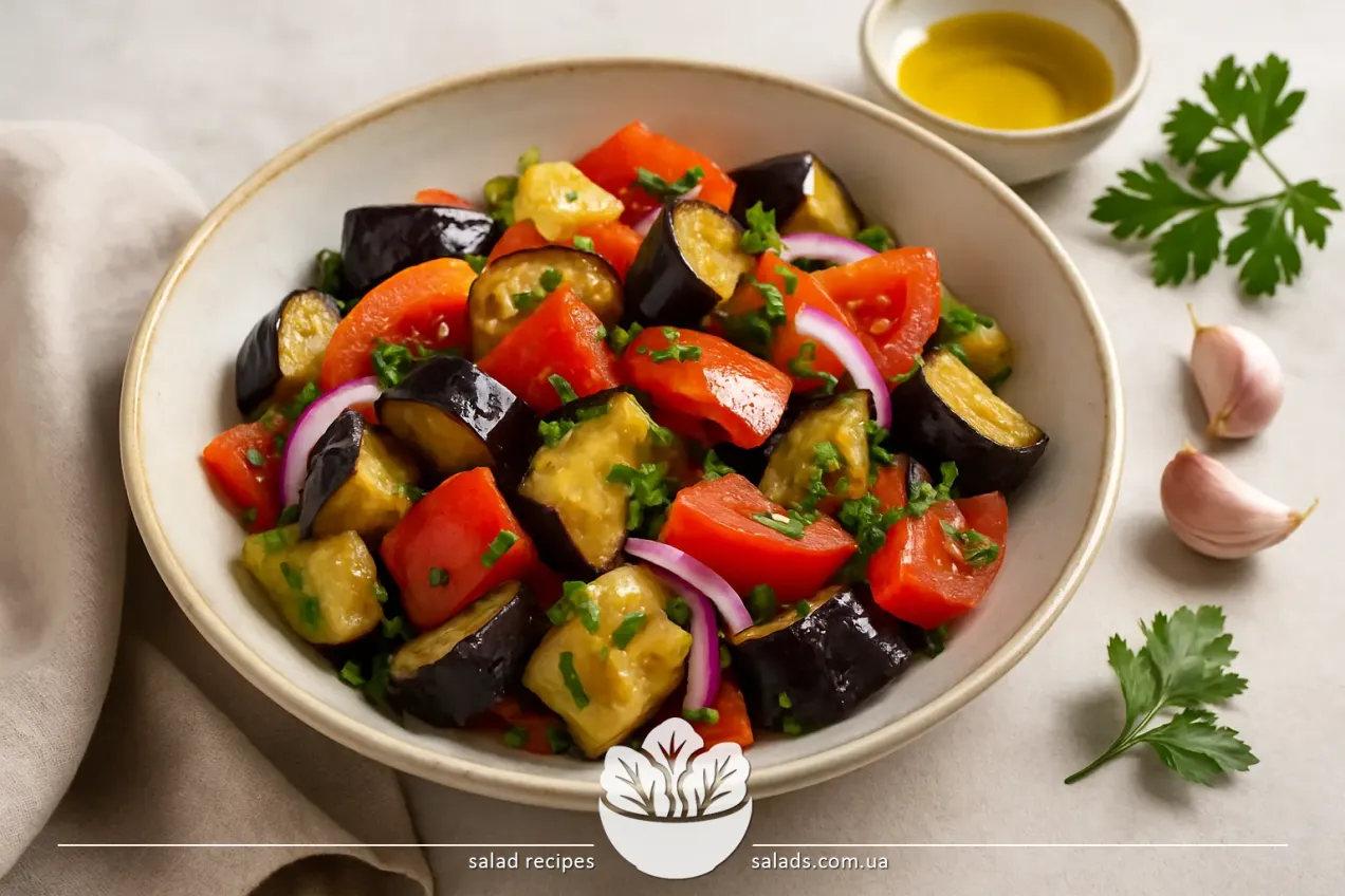 Ensalada de berenjenas, pimientos, tomates y cebolla asados con aderezo de aceite