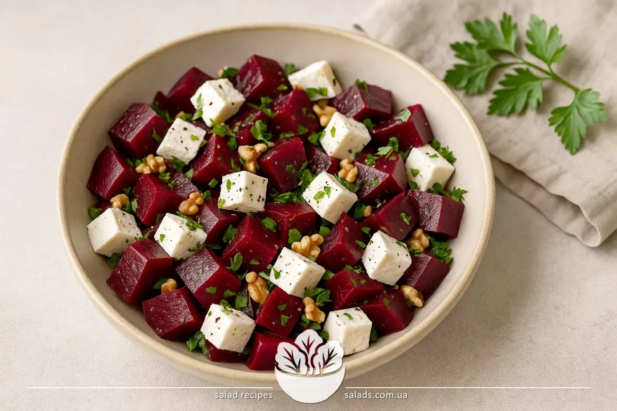 Ensalada de remolacha cocida, queso feta, hierbas y aderezo a base de aceite