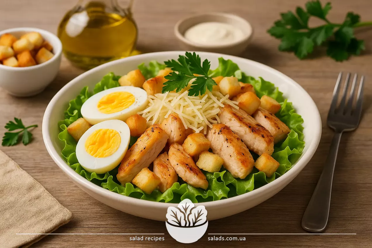 Salată Caesar cu pui, ouă, brânză și crutoane