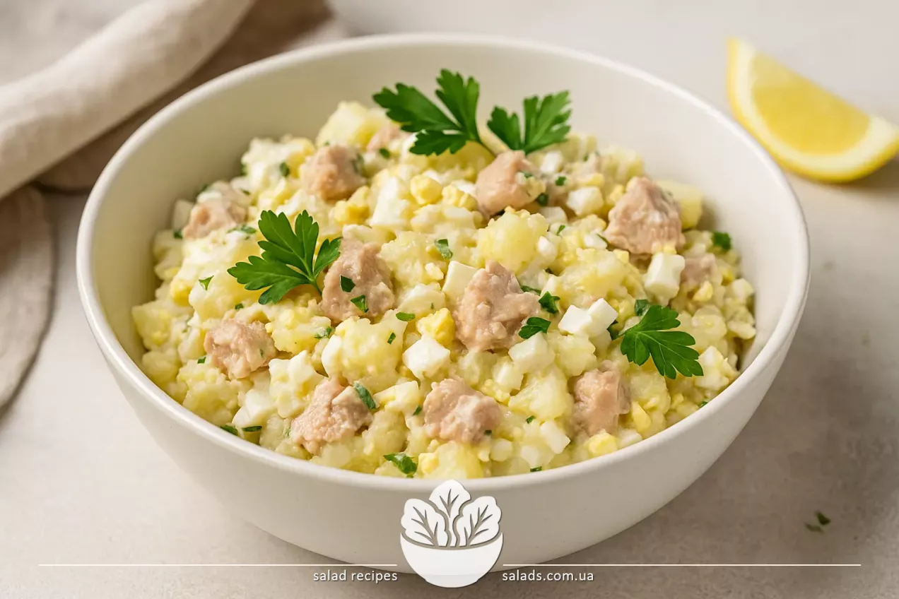 Салат из консервированной печени трески, вареных яиц, картофеля и лука