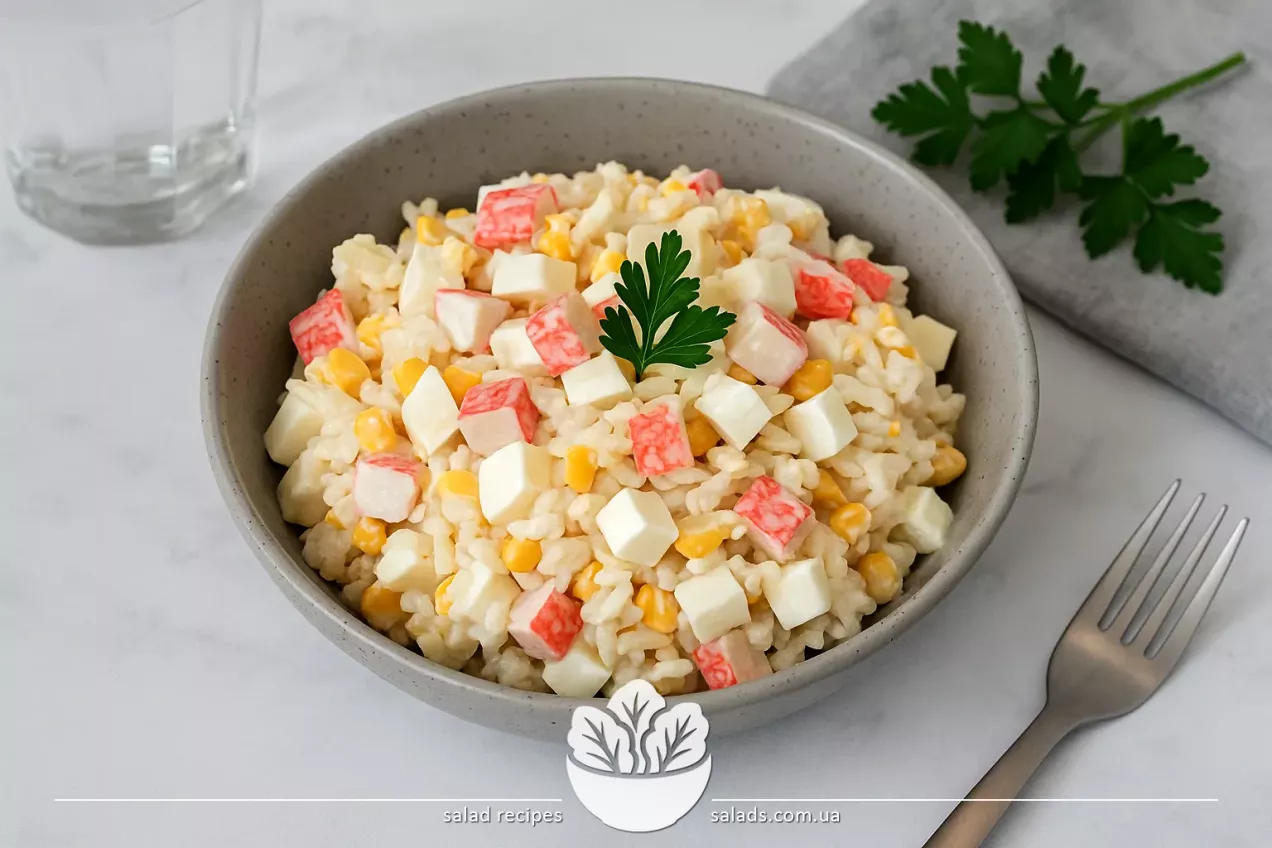 Салат с крабовыми палочками, яйцами, кукурузой и рисом