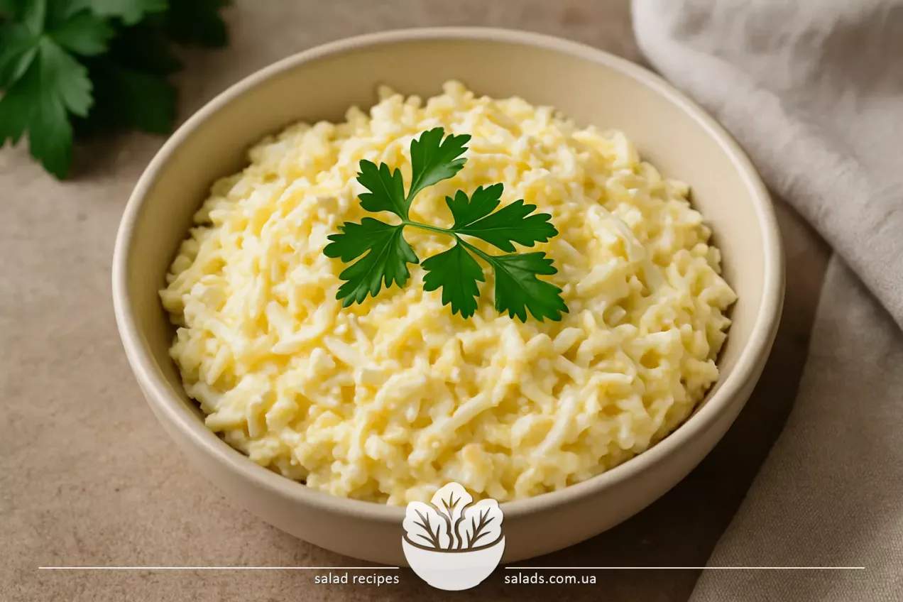 Salată cu ouă fierte, brânză tare, usturoi și maioneză