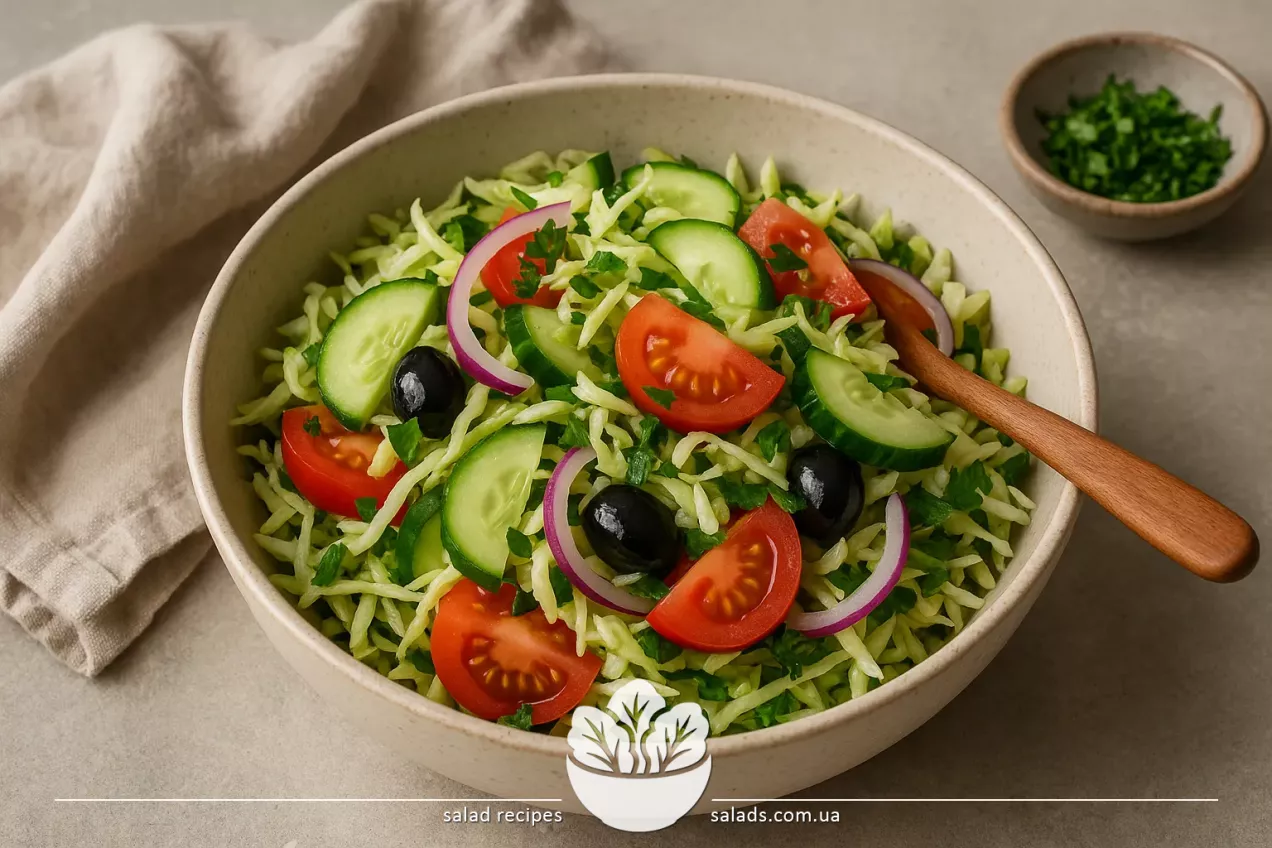 Salade de concombres, tomates, chou et herbes fraîches avec une vinaigrette à l’huile