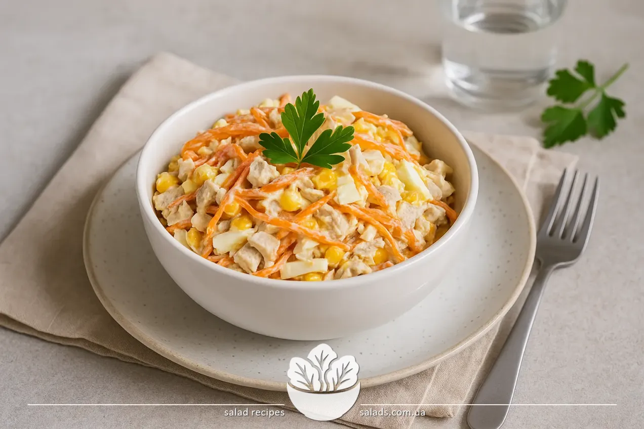 Salad with Korean carrot, chicken fillet, eggs, and corn with mayonnaise