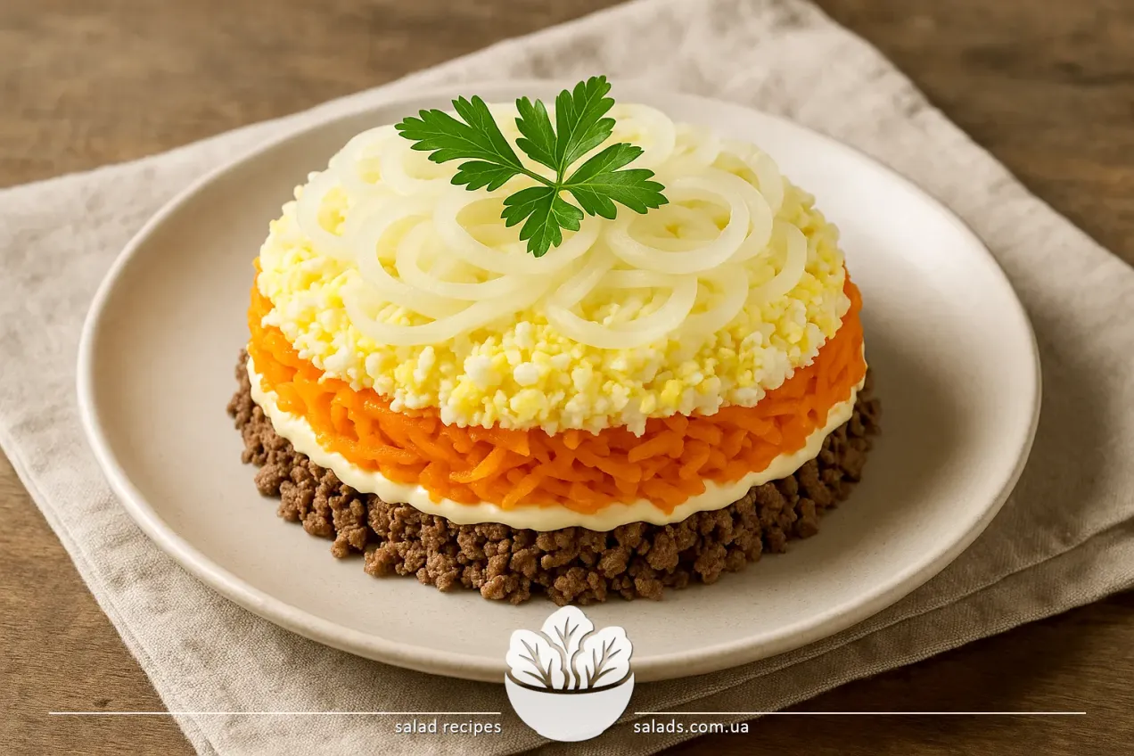 Salade de foie de bœuf bouilli, oignons marinés, carottes et œufs avec de la mayonnaise