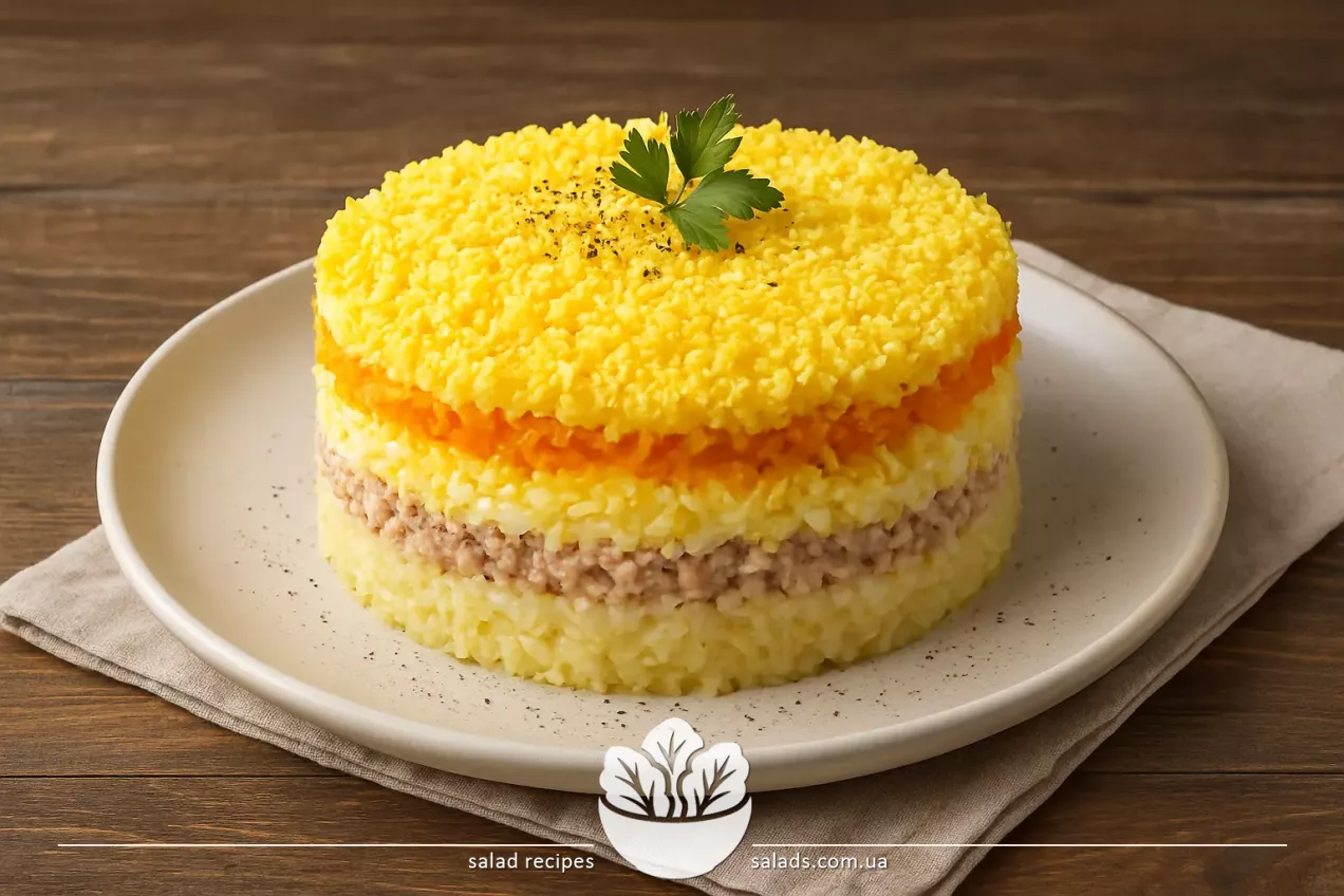Салат Мимоза с рыбой, яйцом и сыром слоями