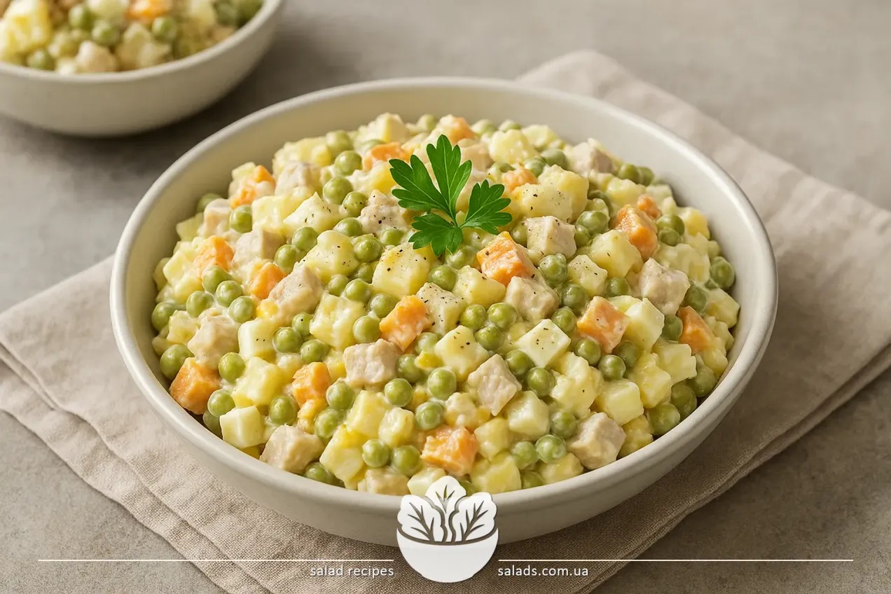 Olivier-Salat mit Hähnchen, Ei und Erbsen auf dem Teller