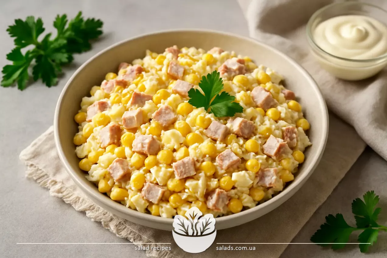 Ensalada de pollo ahumado, maíz y queso