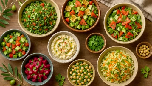 Preparatele tradiționale ale bucătăriei orientale: hummus, falafel, kebab, tabbouleh, shawarma