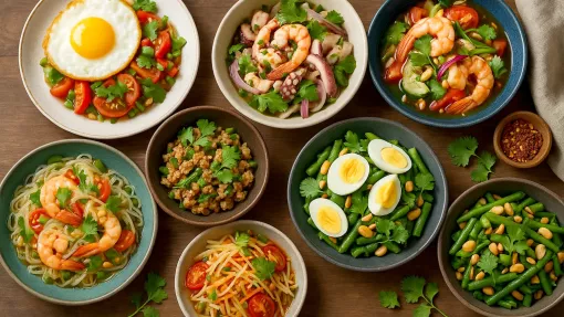 Preparatele tradiționale ale bucătăriei thailandeze cu supa tom yum, pad thai și curry verde