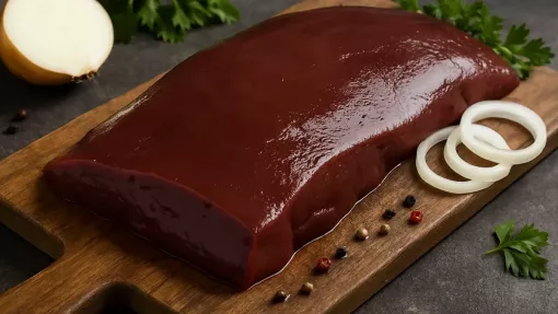 Hígado de res crudo sobre una tabla de cortar