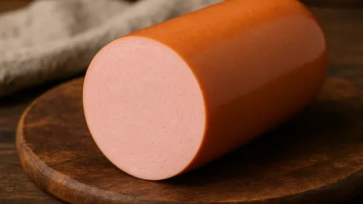 Salchicha cocida sobre una tabla de madera