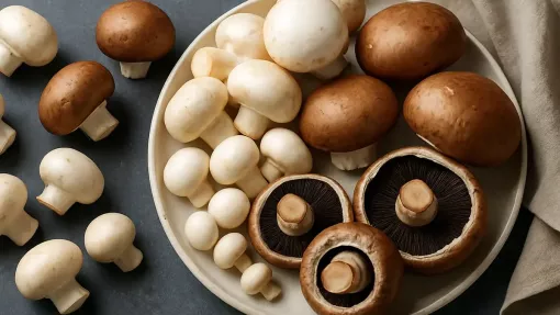 Diferite soiuri de ciuperci champignon crude: albe, brune, regale pe un fund de lemn