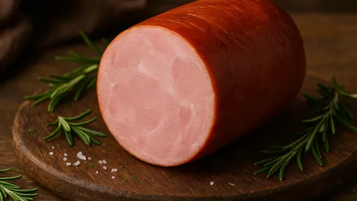 Trozos de jamón ahumado sobre una tabla de madera
