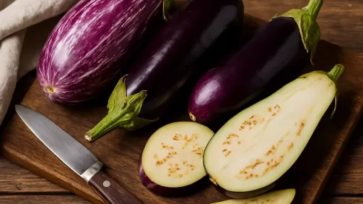 Vinete proaspete cu coajă lucioasă pe un tocător de lemn