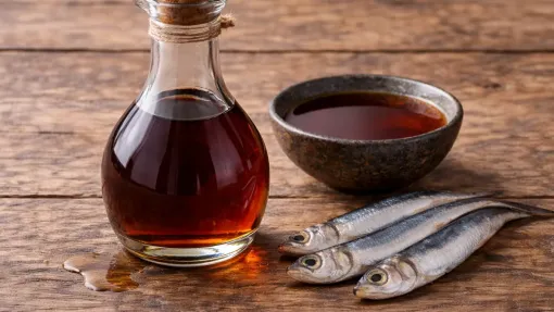 A bottle of fish sauce next to a small bowl of sauce and anchovies