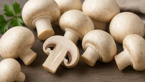 Ciuperci champignon proaspete pe o planșetă de lemn