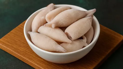Calmars surgelés dans un bol sur une planche de cuisine avant la préparation