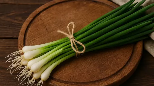 Un mănunchi de ceapă verde proaspătă pe un tocător