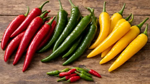 Fresh pods of hot pepper in different shades on a dark background