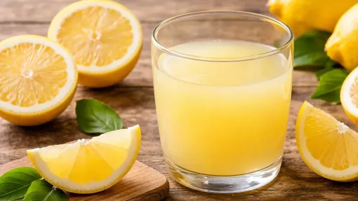 Ein Glas frischer Zitronensaft neben aufgeschnittenen Zitronen
