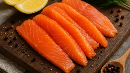 Lonchas de salmón ligeramente salado en un plato con limón y hierbas