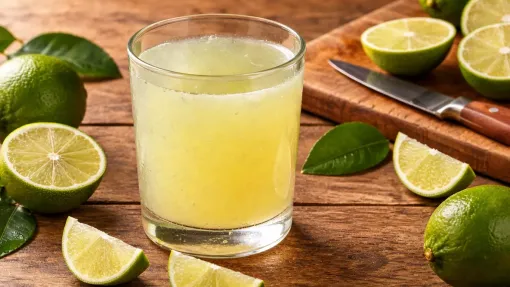 Un vaso de jugo de lima fresco junto a limas cortadas