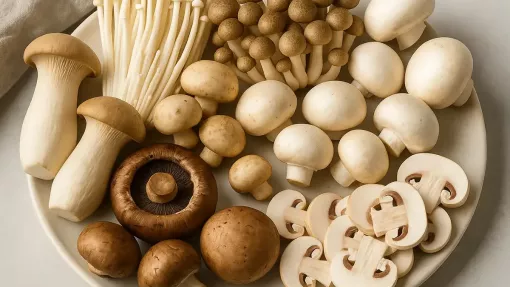 Asortyment świeżych grzybów: pieczarki, borowiki, kurki, boczniaki, pieczarki