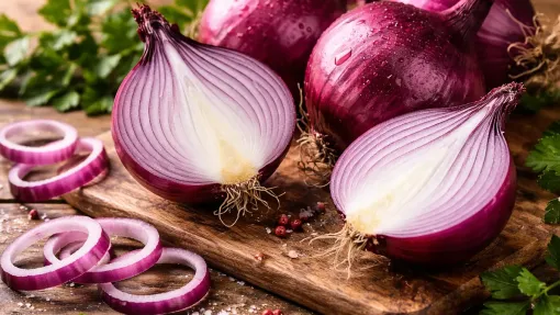 Свежий красный лук с фиолетовой кожурой и разрезанной луковицей