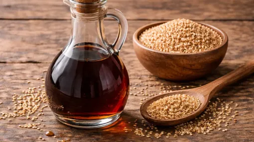 Dark unrefined sesame oil in a glass bottle next to roasted sesame seeds