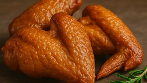Aripioare de pui afumate gata de consum, cu crustă rumenă, pe o farfurie